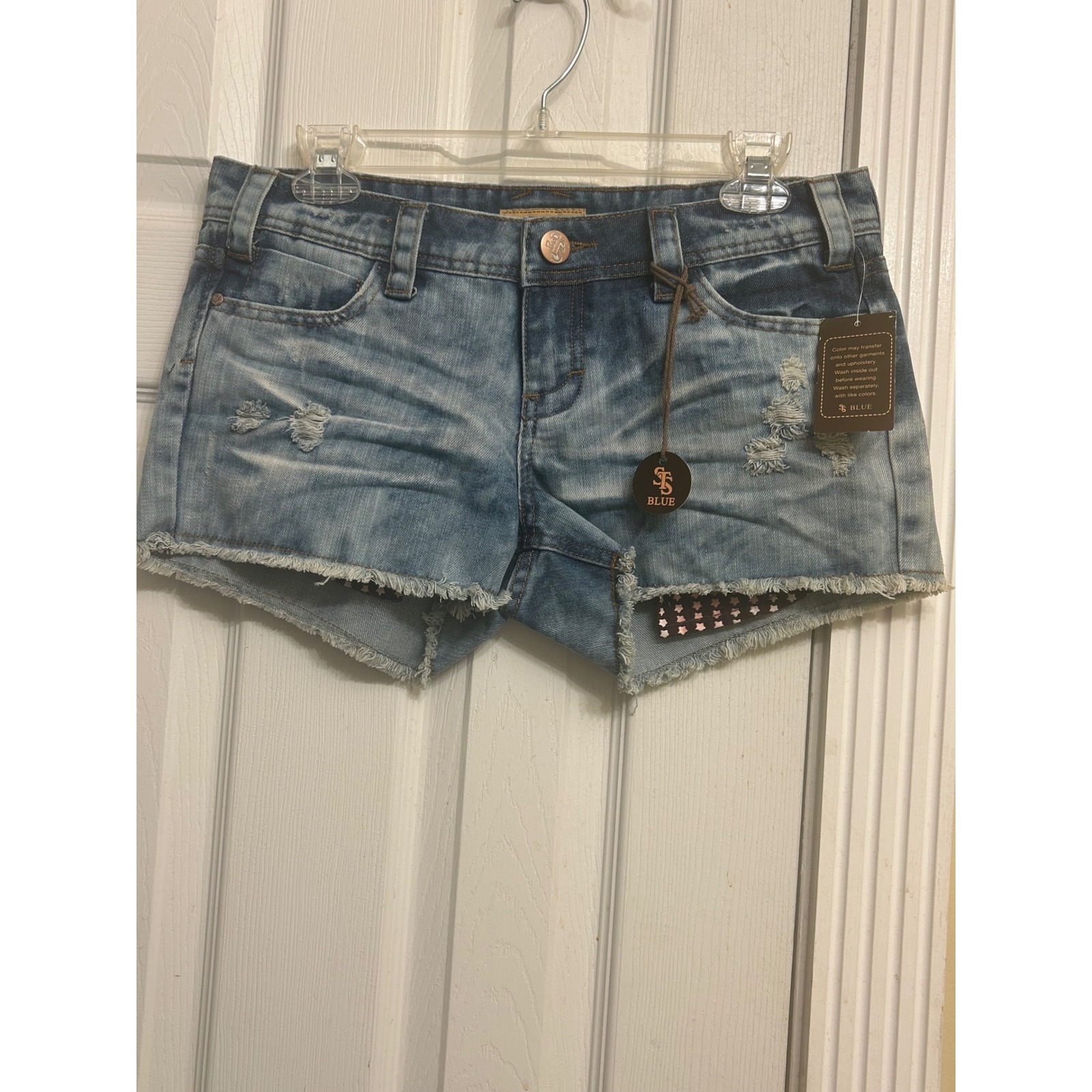 Sts Blue Womens Distressed Denim Shorts Blue Low Rise Raw Hem Star Lining Sz 3